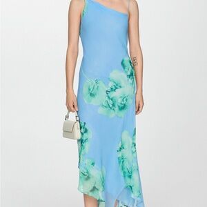 Mango One Shoulder Blue Floral Dress